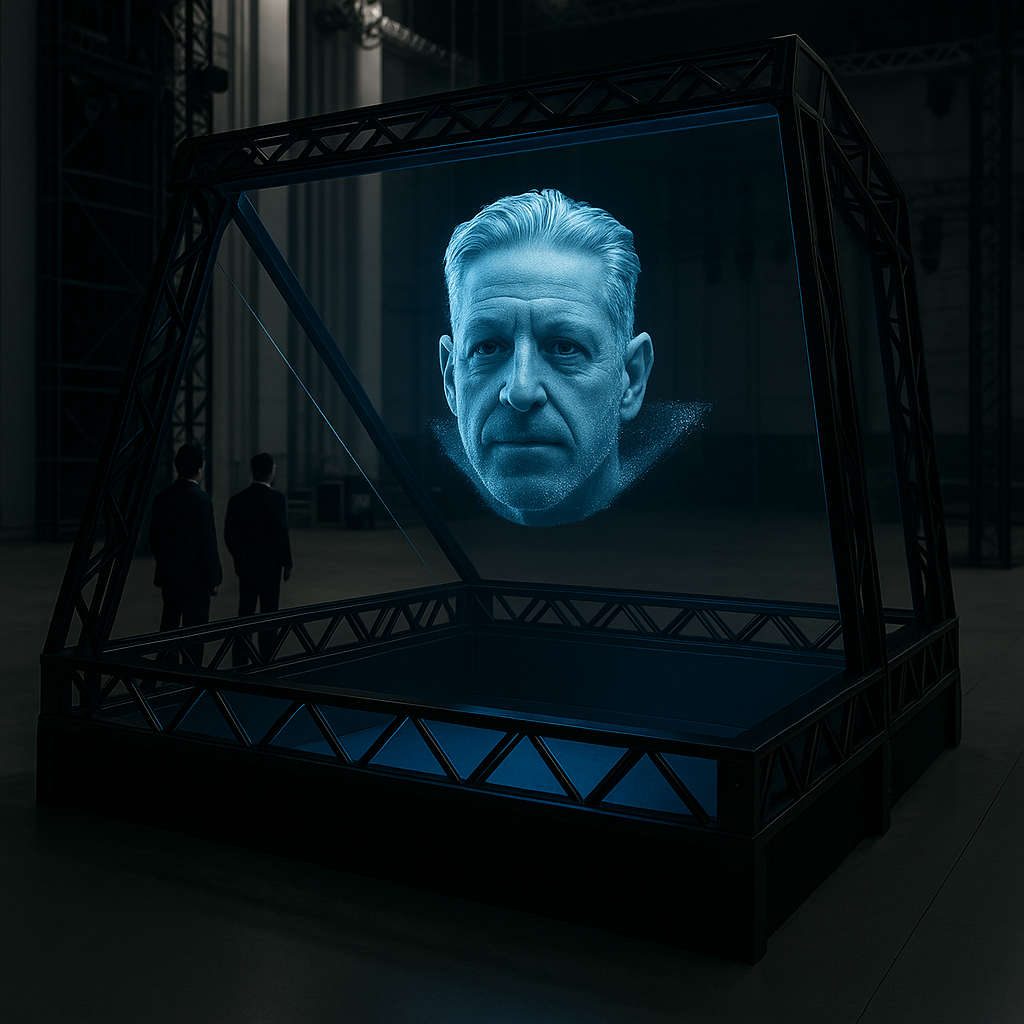 Pepper's Ghost installation showing clean holographic Oracle figure floating in viewing chamber