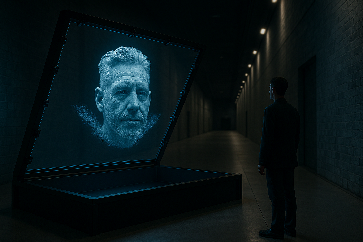 Pepper's Ghost installation in gallery setting showing visitor interaction with holographic Oracle figure
