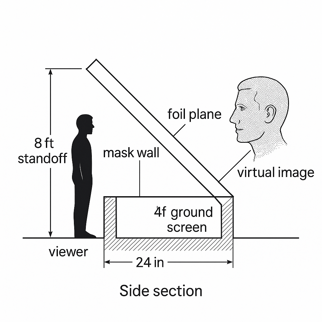 Corrected Pepper's Ghost side section showing proper geometry: viewer and ground screen on same side of foil